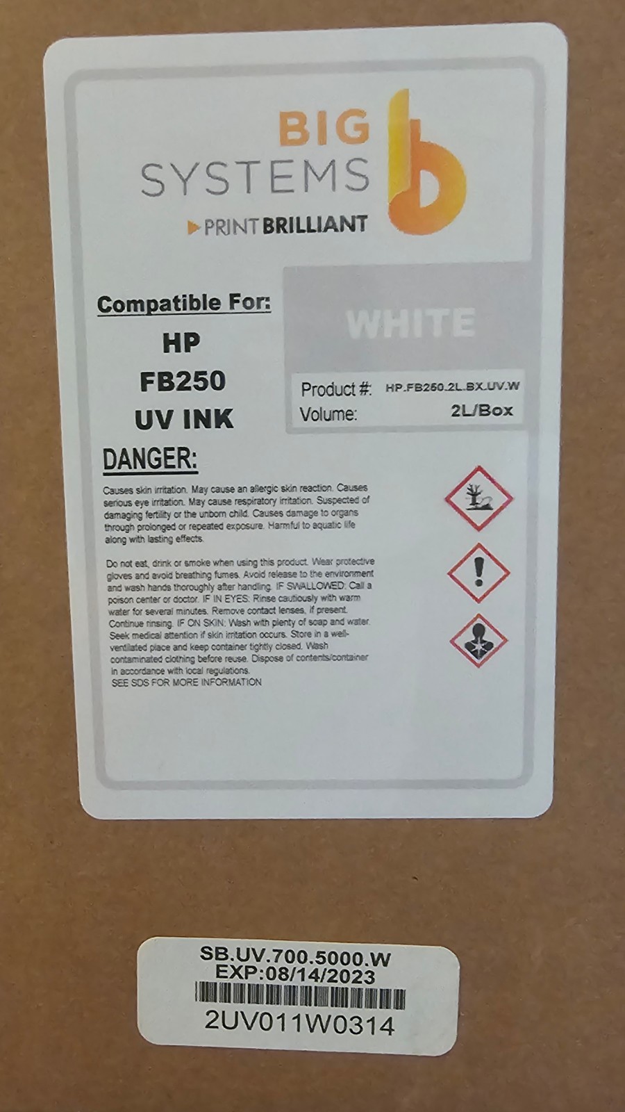 HP  Scitex FB250 UV ink White 2 liter exp 08/2023