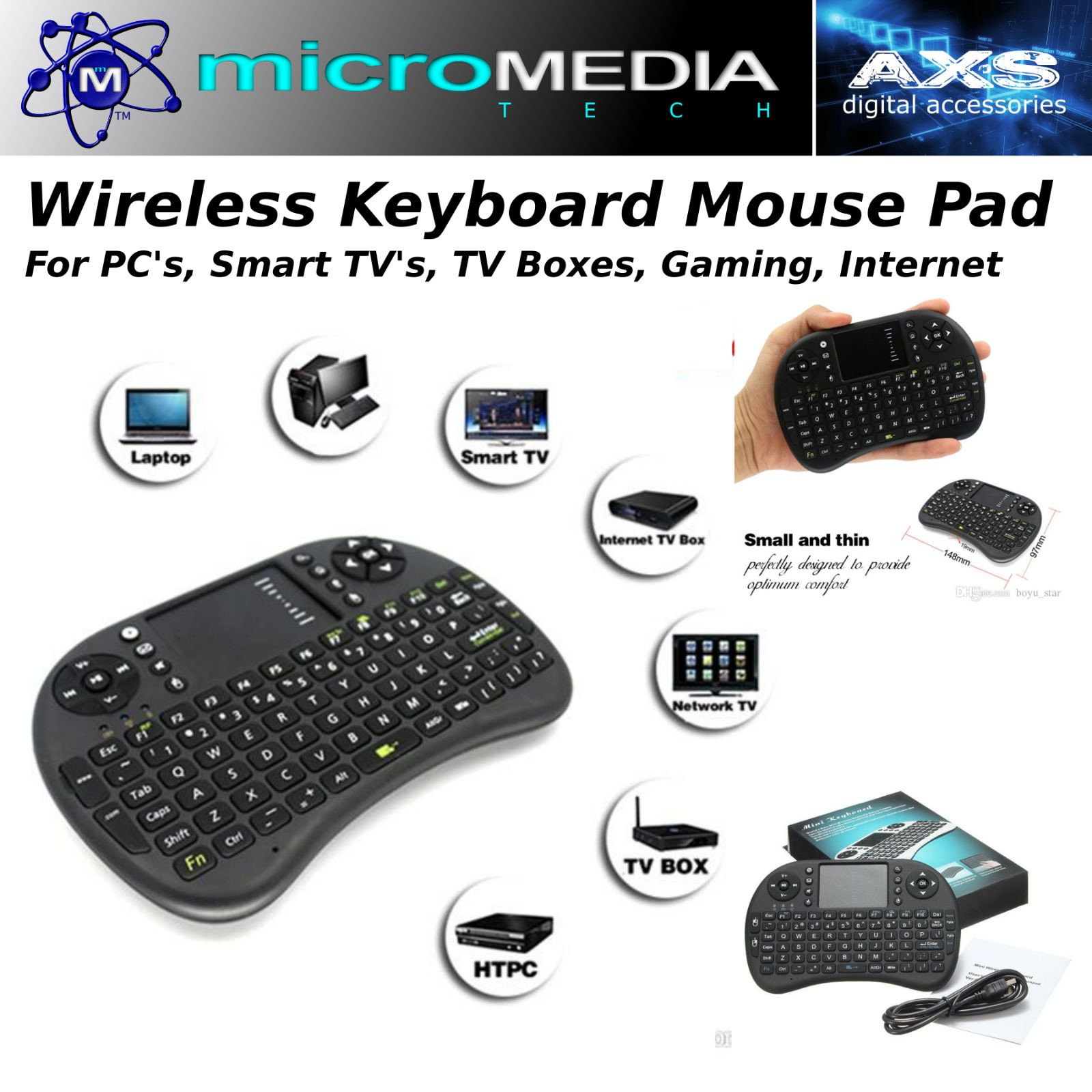 MediaVISION- Wireless Keyboard Mouse Pad for PC's- Smart TV's- Gaming- TV Box