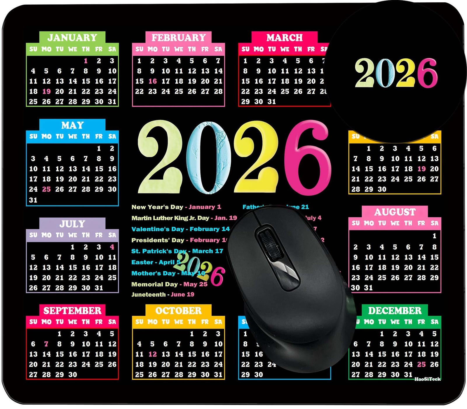 Mouse Pad Calendar 2026 with Holidays Large-10.3" x 8.3", 2026