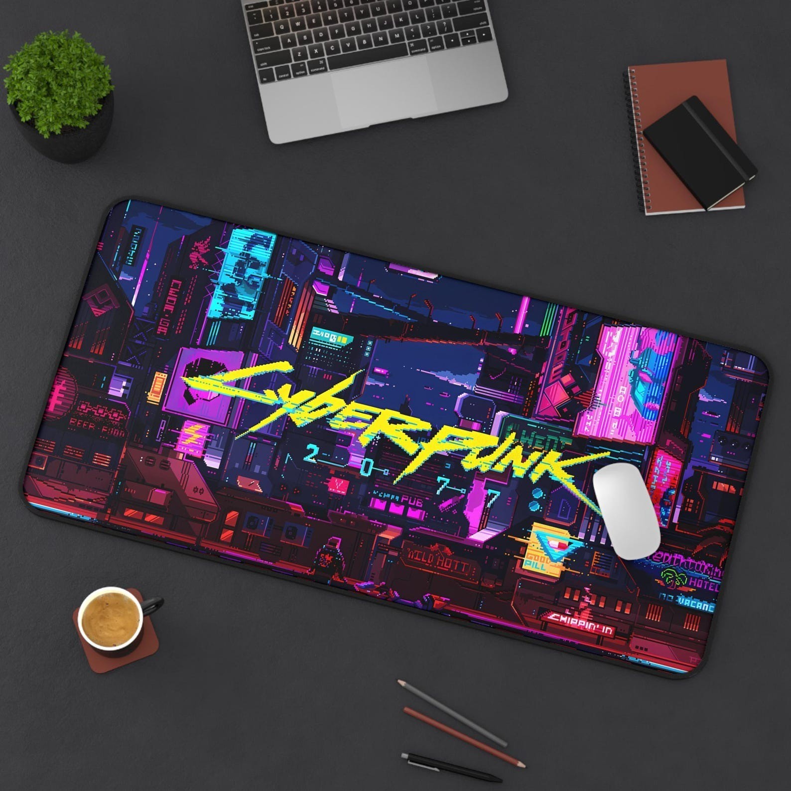 Cyberpunk Neon City Futuristic Gaming Desk Mat Mouse Pad
