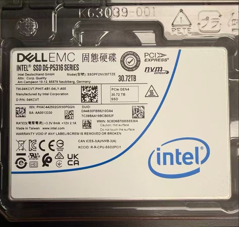 DELL EMC 04KCVT SSDPF2NV307TZE 30.72TB QLC PCIe4.0 x4 NVMe 2.5IN U.2 SSD