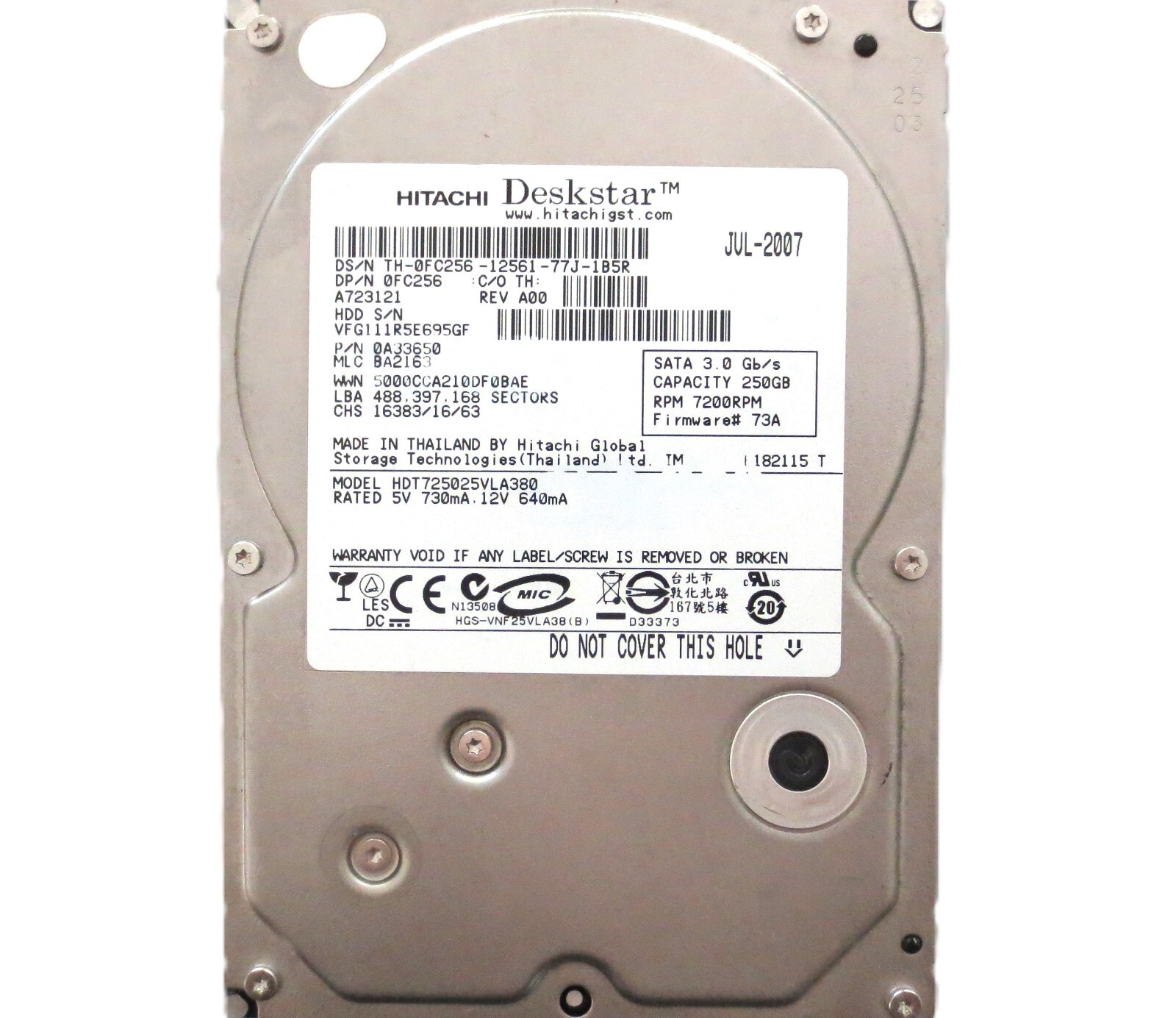 Hitachi HDT725025VLA380 0A33650 BA2163 (VFG1) Thailand 250gb Sata 3.5" HDD 2007