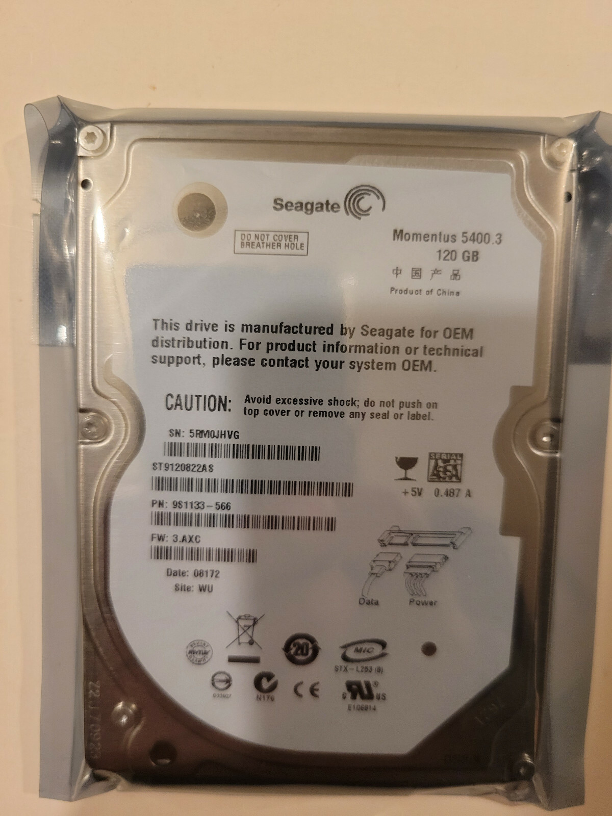 Seagate ST9120822AS 120GB 2.5" SATA HD PN 9S1133-566 FW 3.AXC DC 08172 WU 5RM