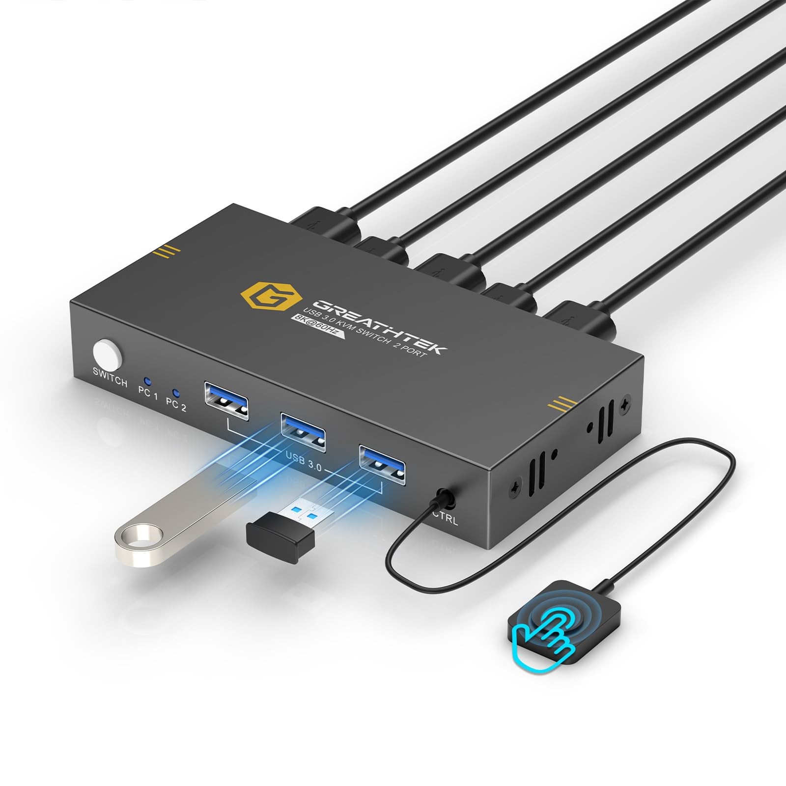 KVM Switches 2 Port 8K@60Hz, GREATHTEK Switch HDMI Share USB3.0, black 