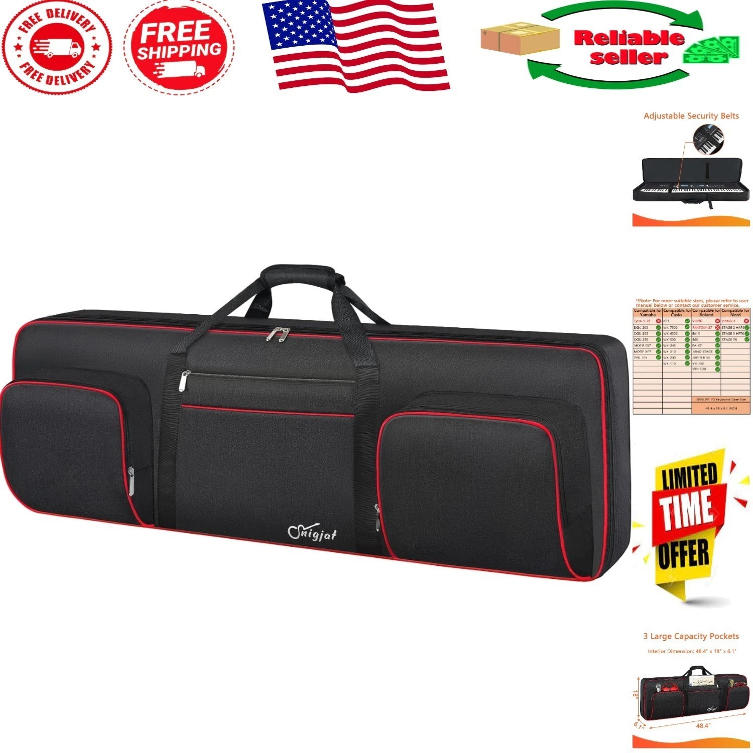 Stylish 76-Key Piano Case with Waterproof Fabric & Secure Storage Pockets