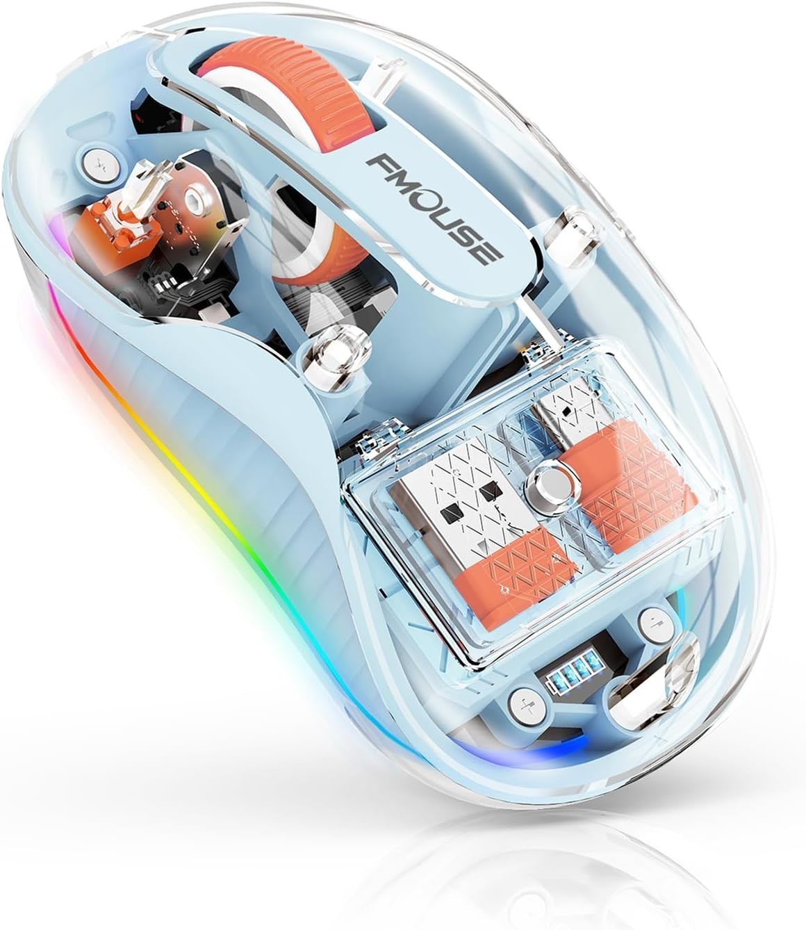 Ratón inalámbrico transparente único, doble Bluetooth y 2.4 GHz, recargable, LED