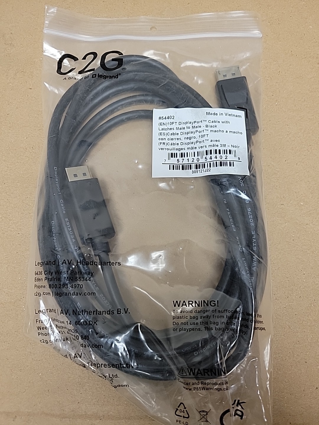 C2G Legrand DisplayPort 1.2 Male to Male Displayport Cable 10FT, 8K, #54402 NEW