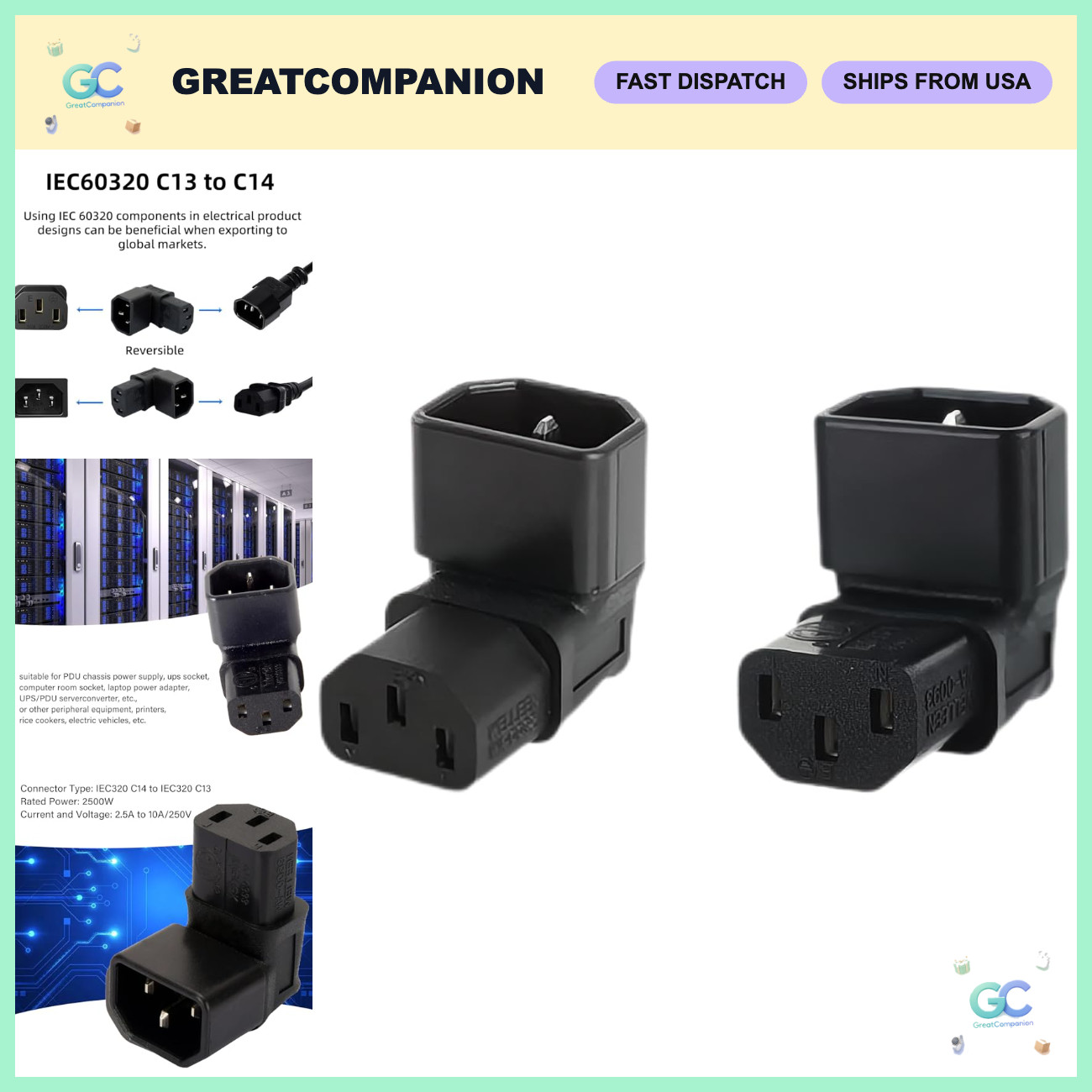 2 Pack IEC 320 C14 Male to C13 Female 90° Power Extension Adapter 10A 250V for M