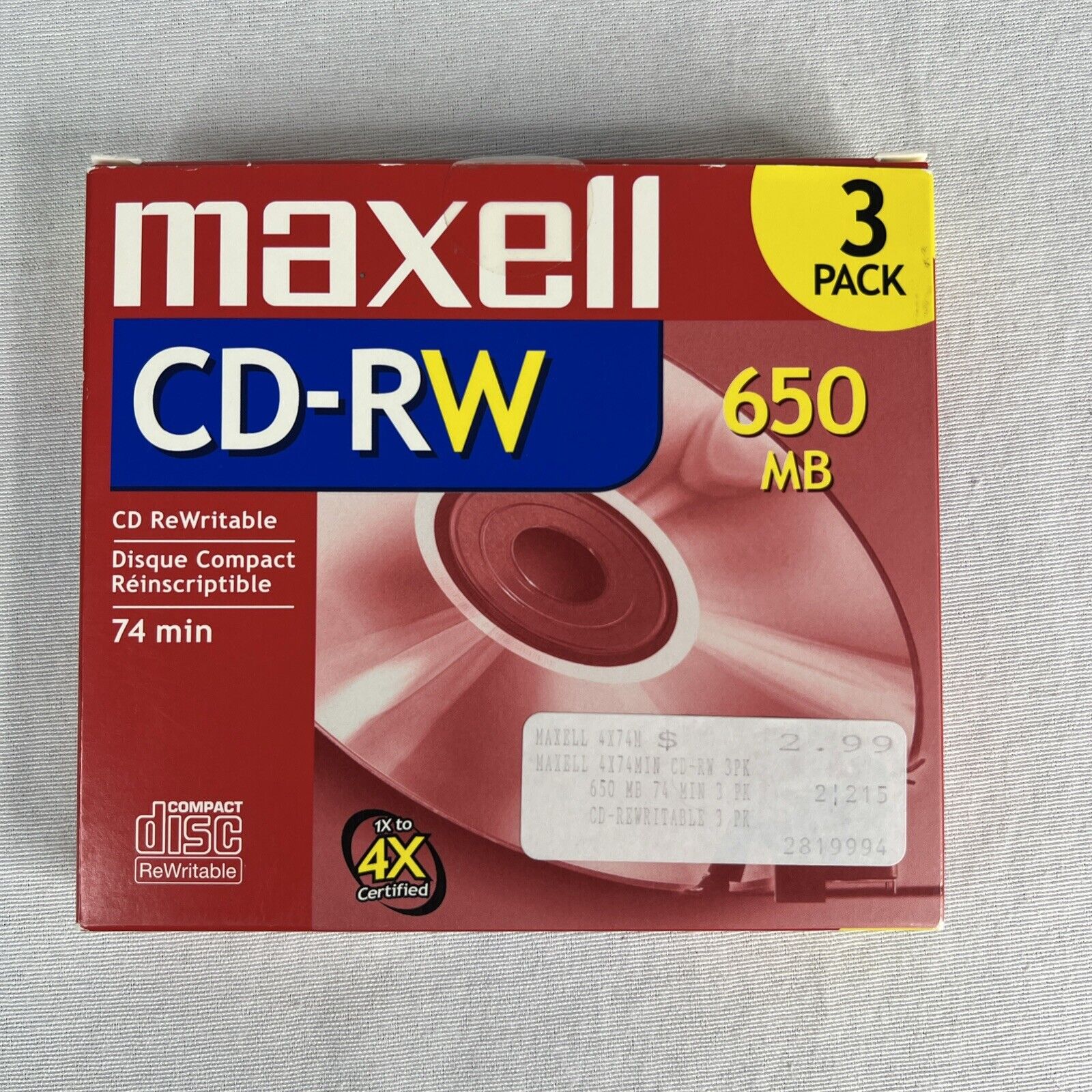 Maxell CD-RW 650 MB 74min ReWritable Compact Discs CDs #630030 3 Pack Unopened