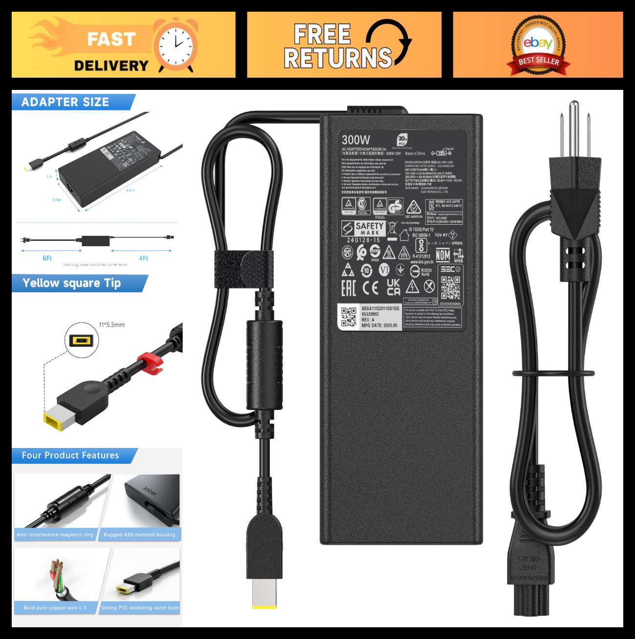 300W Slim Tip Laptop Charger for Lenovo Legion & ThinkPad P Series, Power Supply