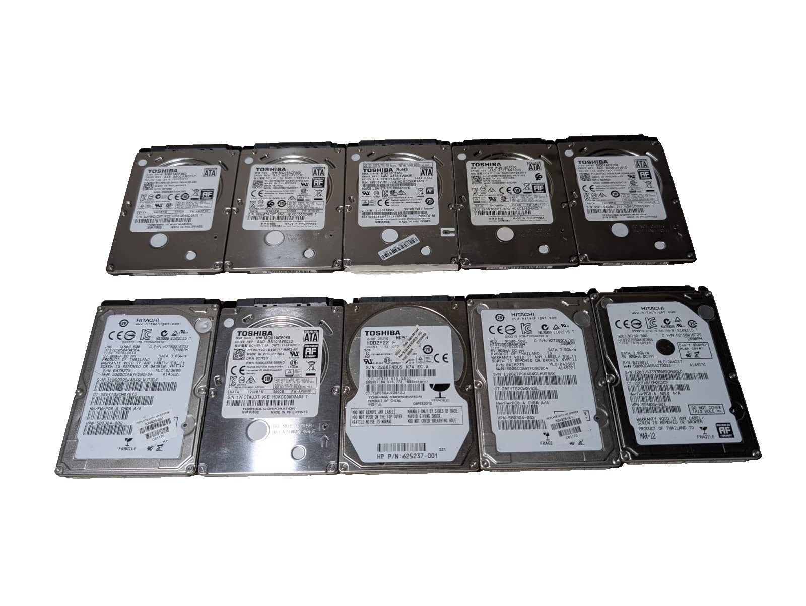 Lot of 10 x 500GB (5TB Total) 2.5" SATA Hard Drives HDDs | Toshiba & Hitachi