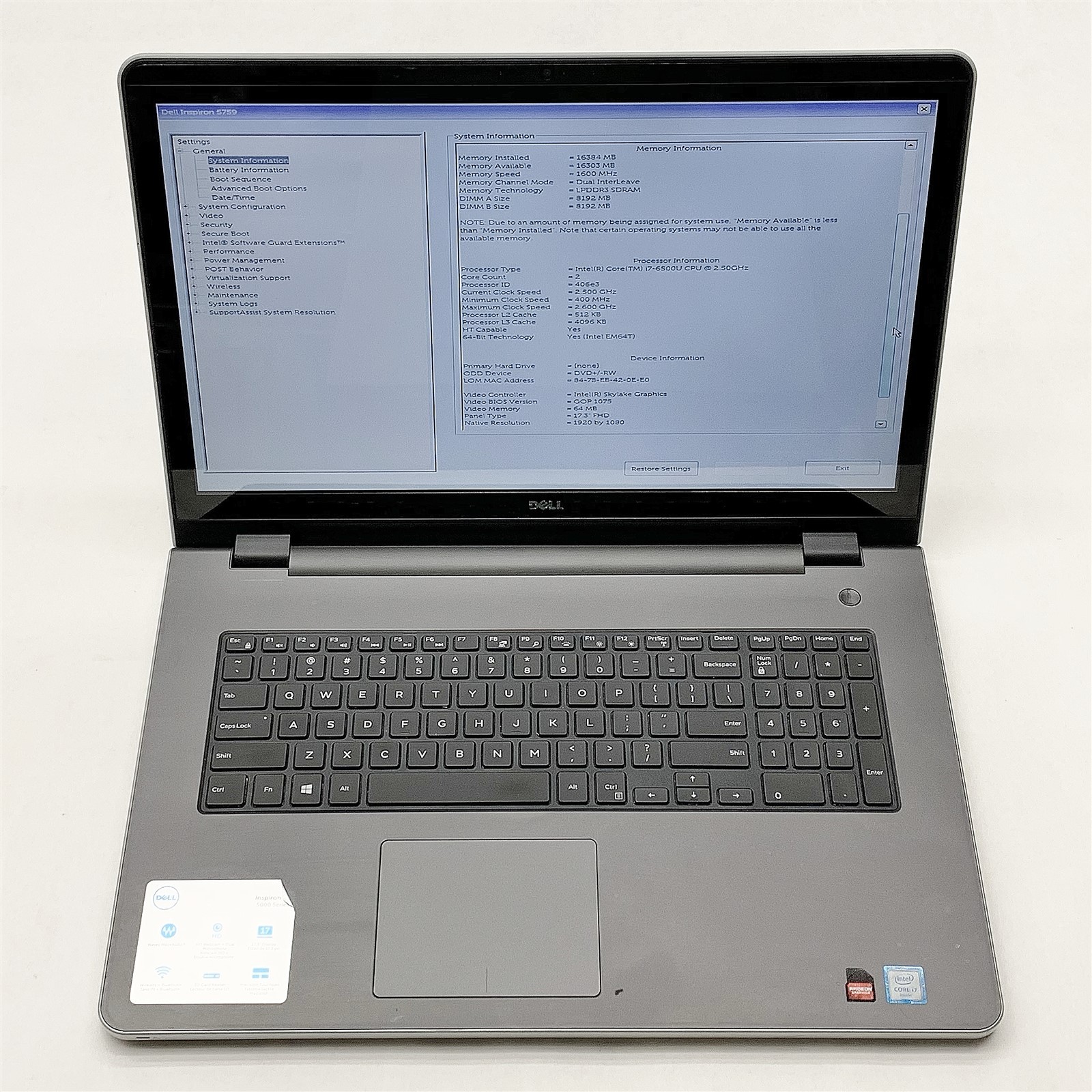 Dell Inspiron 5759 Laptop Intel Core i7 6500U 2.5GHZ 17.3" Touch FHD 16GB NO HDD