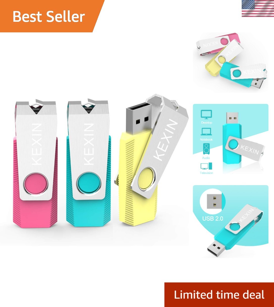 3 Pack of 32GB USB Drives in Bright Colors with LED Indicators - For All Devices