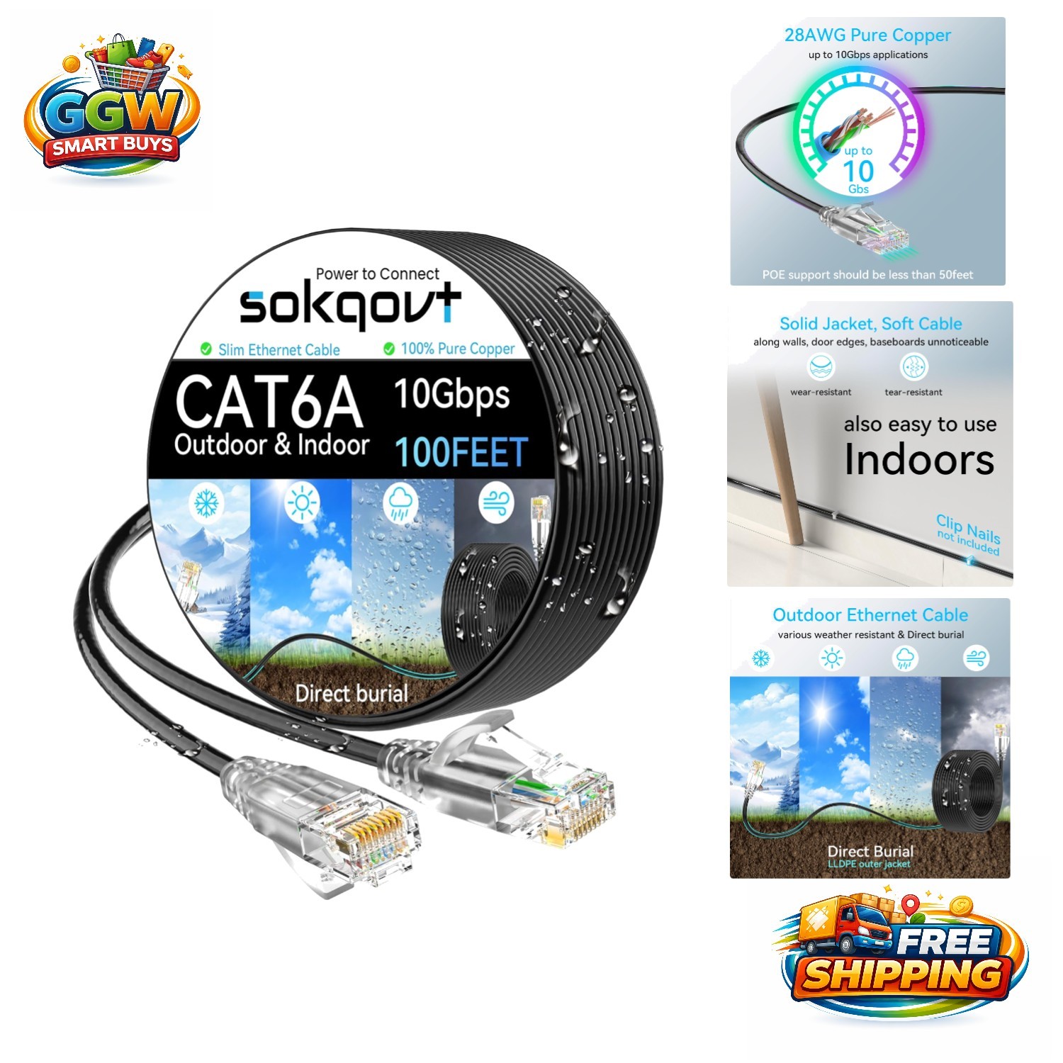 Ultra Slim 100ft Cat6a Ethernet Cable - Direct Burial, Flexible Copper Design