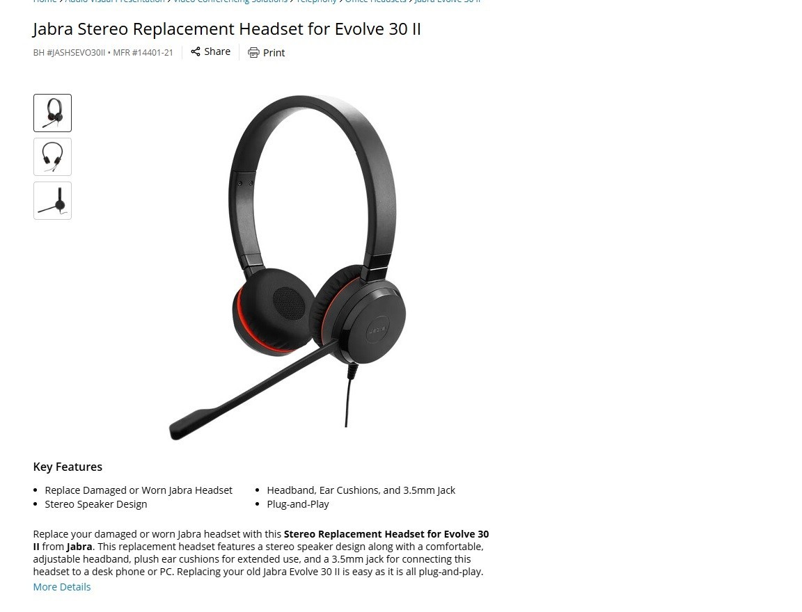Jabra Evolve 30 II Replacement Headset Stereo 14401-21