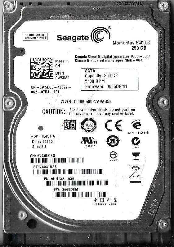 Seagate ST9250315AS 250GB Sata Hard Drive P/N: 9HH132-036  6VC  SU F/W: D005DEM1
