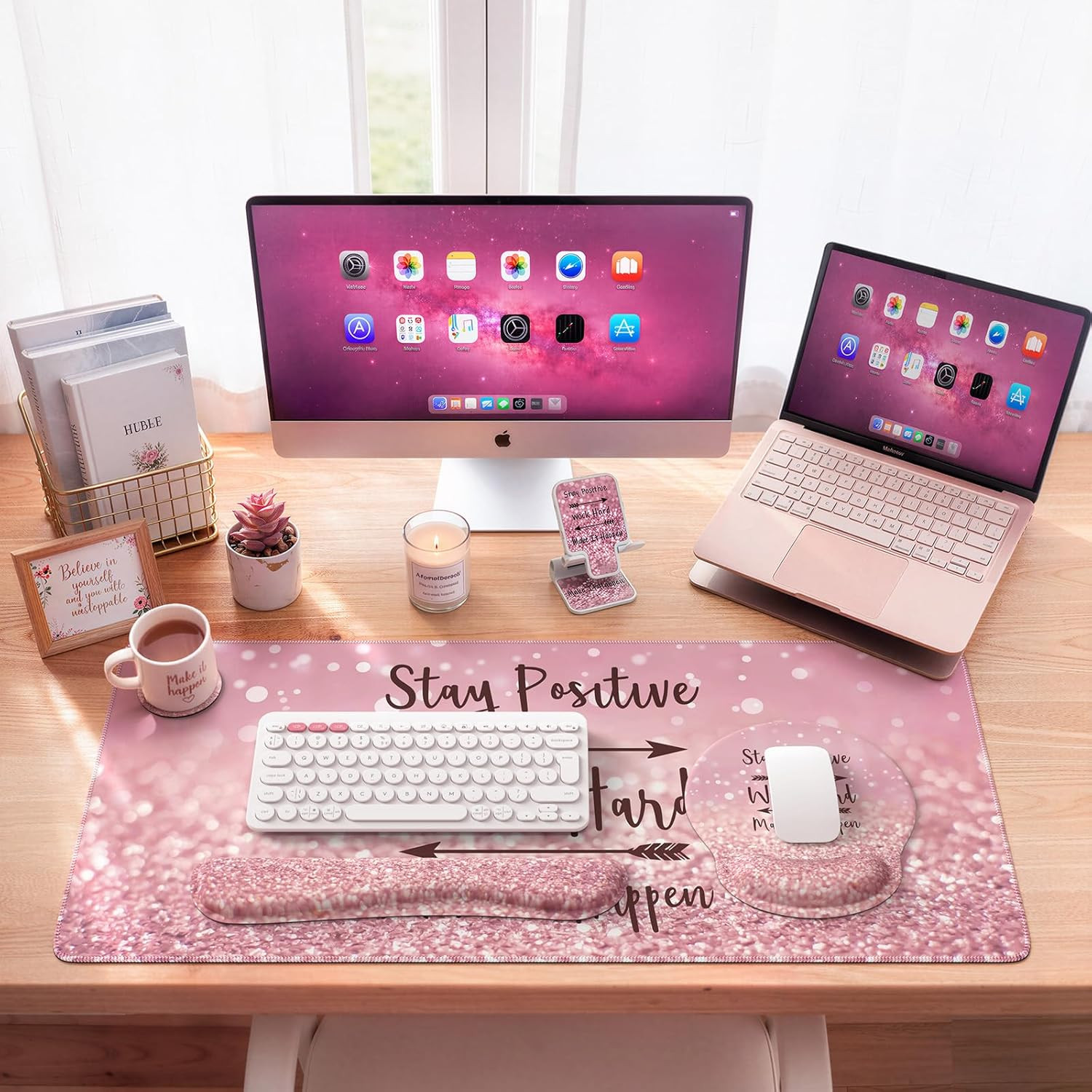 Mouse Pad,Large Pink Desk Mat Set, 4In1 XXL Mousepad + Keyboard Wrist Rest+Mouse