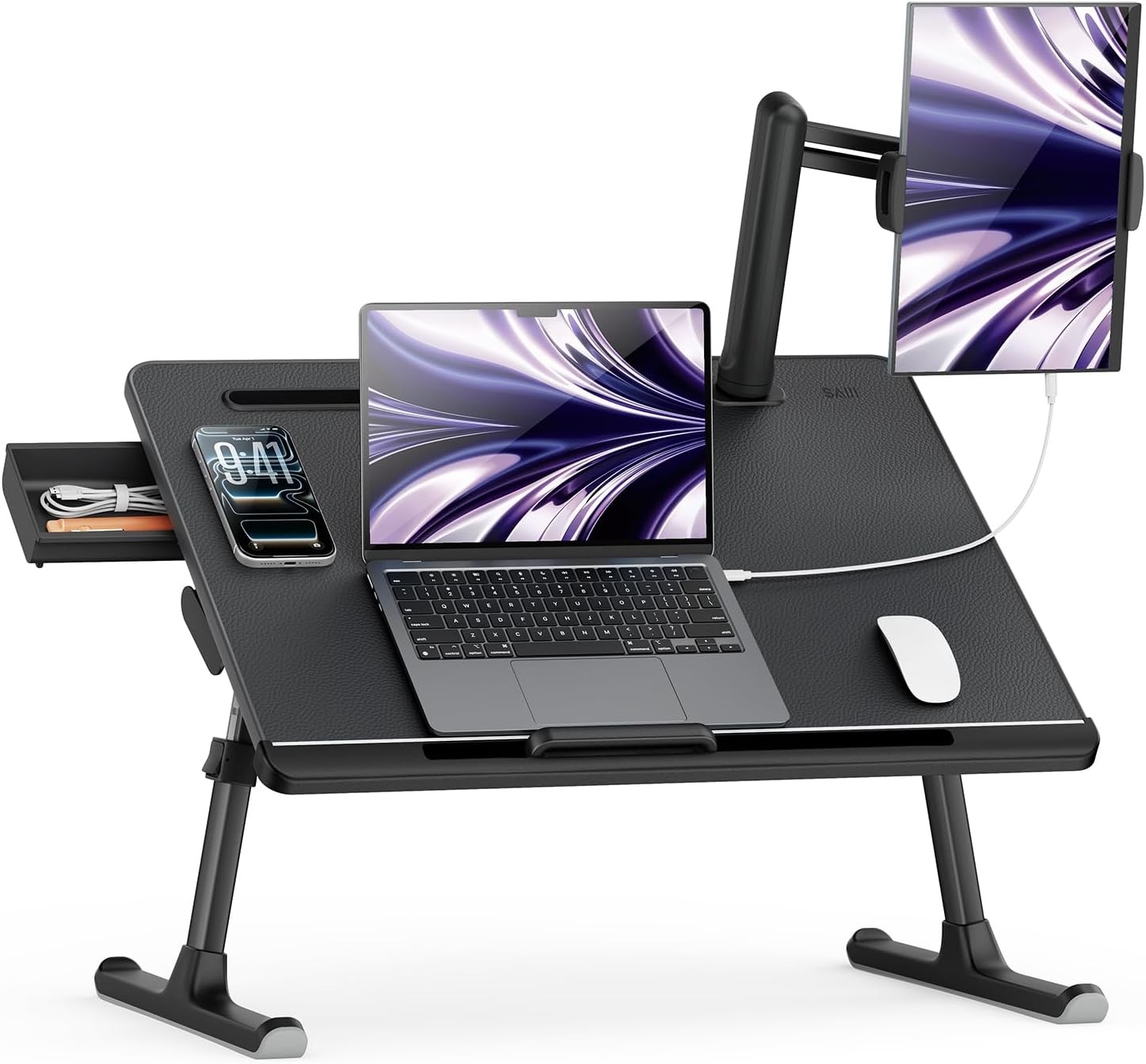 Laptop Bed Table for Dual Screens, Lap Desk with Monitor Stand | Height/Angle