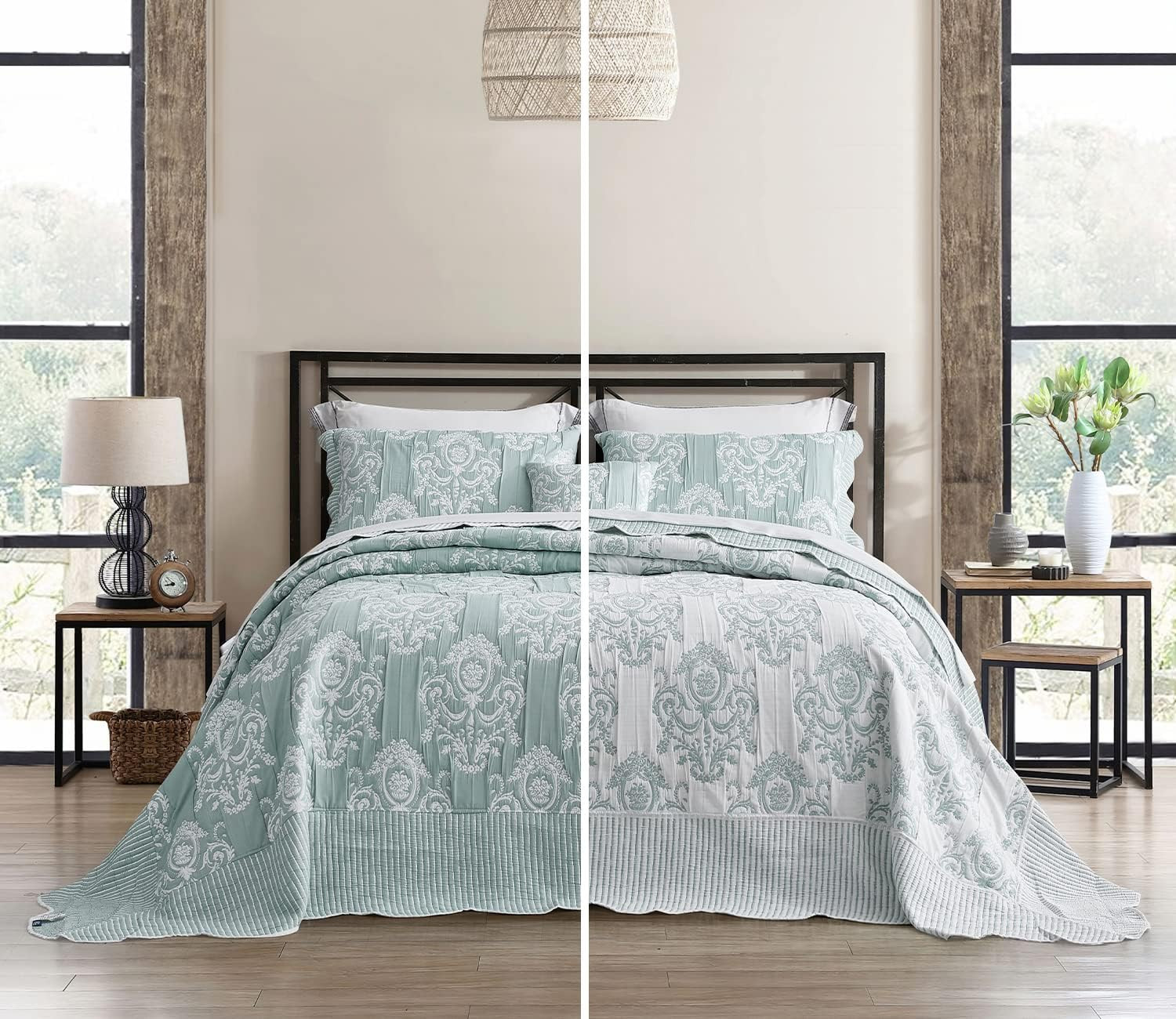 Oversized King Bedspreads 128X120, Jacquard Damask, Soft Green