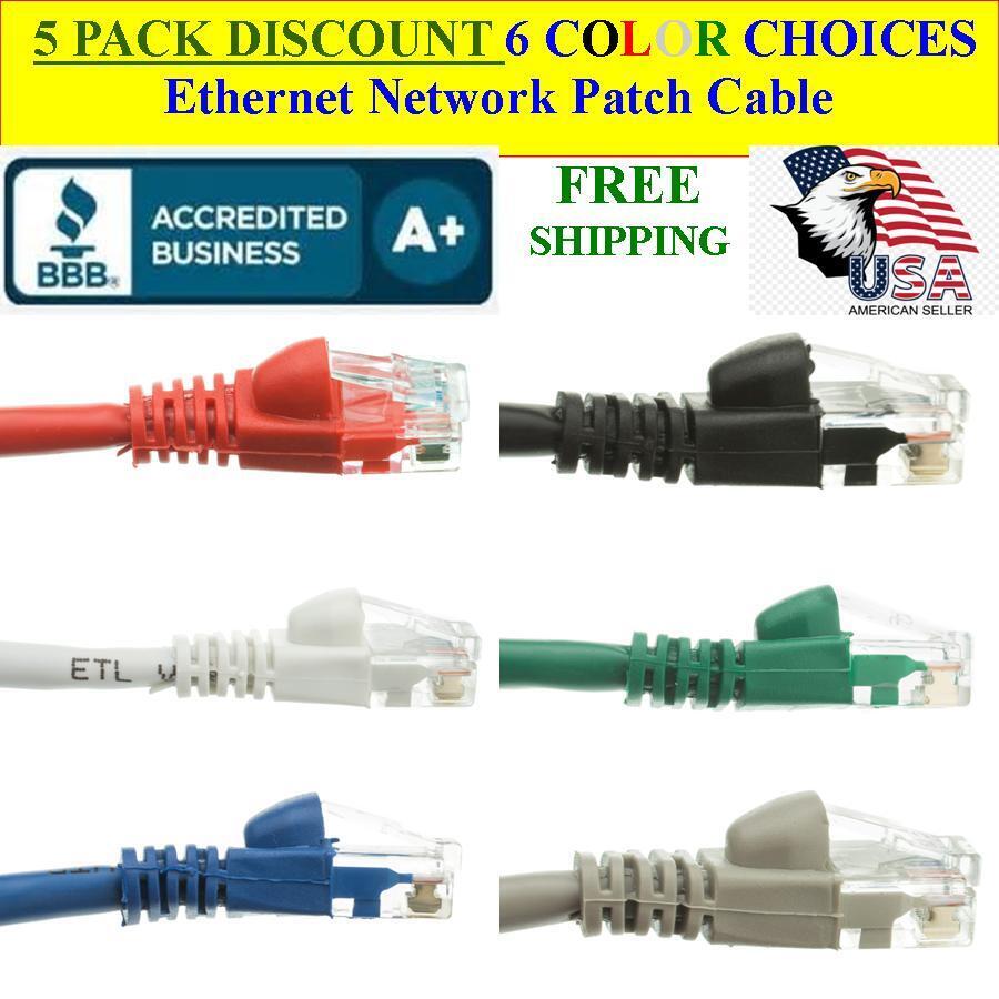 5 PACK 3 Ft Cat5e Ethernet Network Computer Patch Cable for PC, XBOX, PS3, PS4