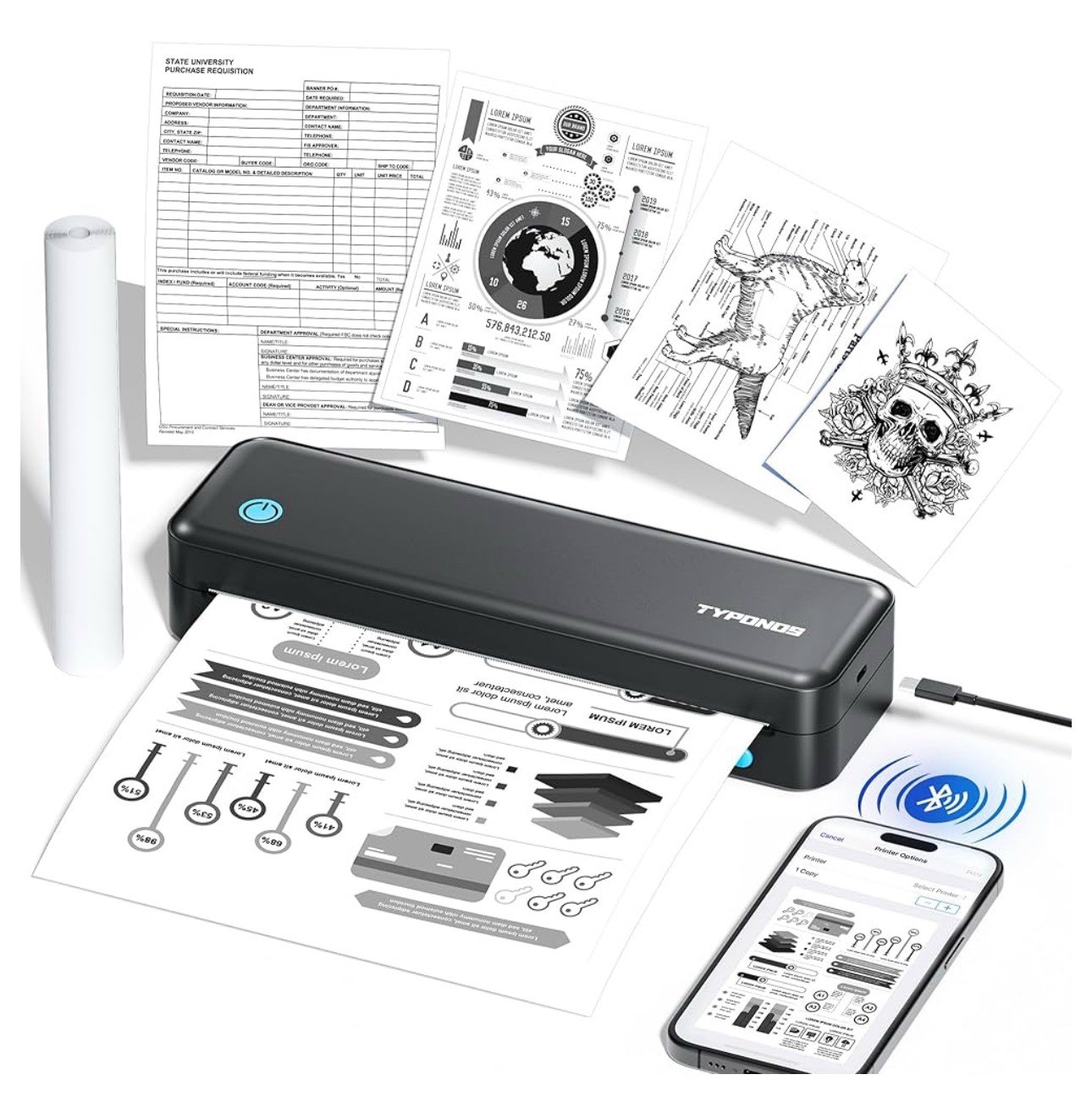 TYPONOS Portable Printers Wireless for Travel, D820 Thermal Inkless Printer S