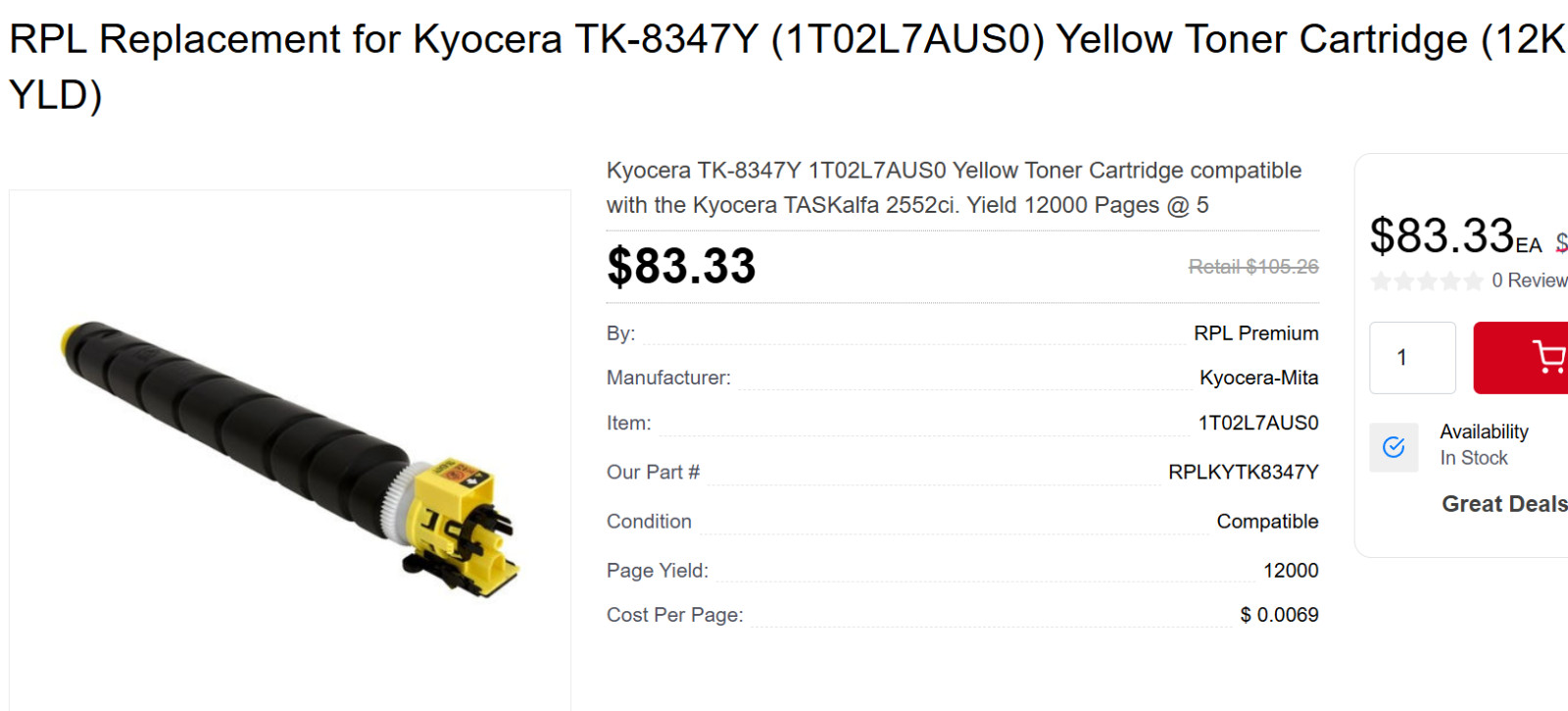 Kyocera Mita TK-8347Y YELLOW Toner Cartridge - Compatible (2-PACK)