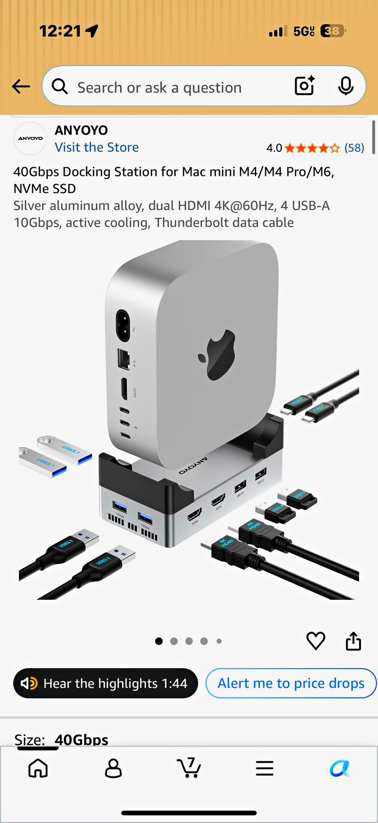 ANYOYO 40Gbps Docking Station for Mac mini M4/M4 Pro/M6 HDMI USB-C USB-A