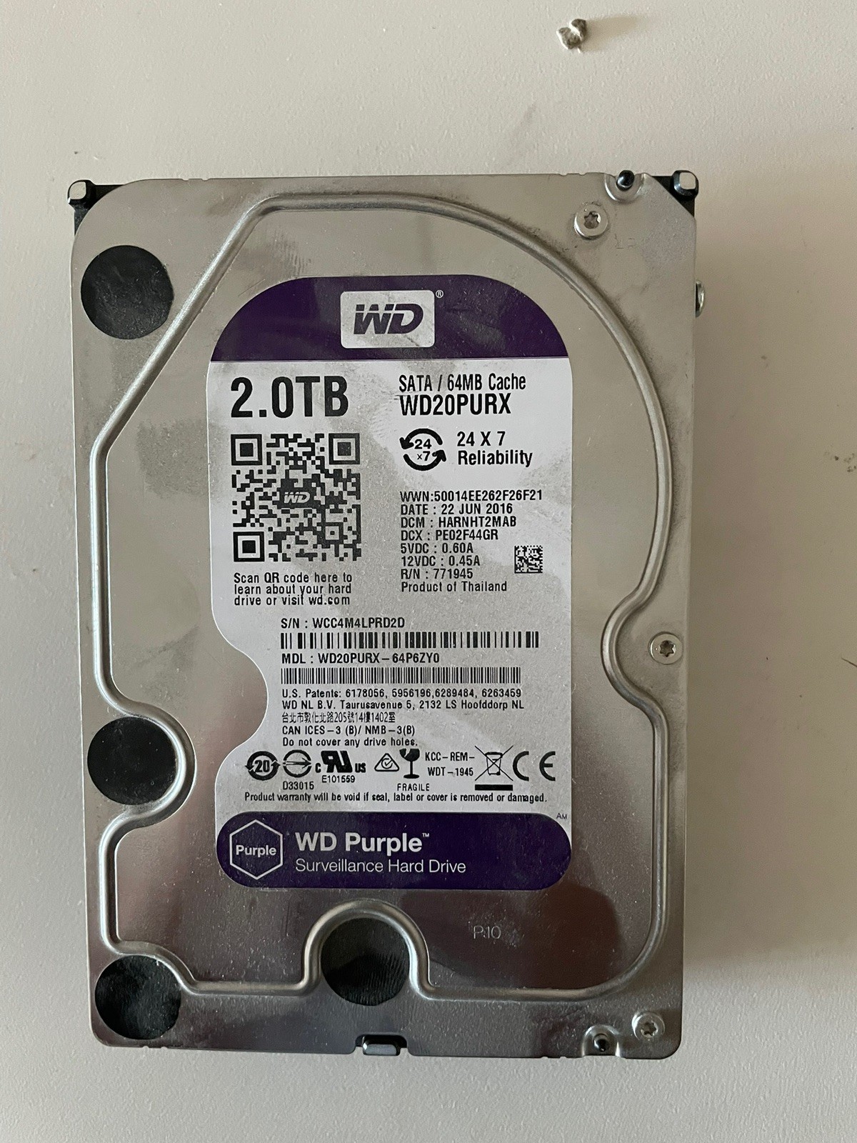 WD Purple WD20PURX 2TB Surveillance 3.5" Internal Hard Drive SATA 64 MB Buffer
