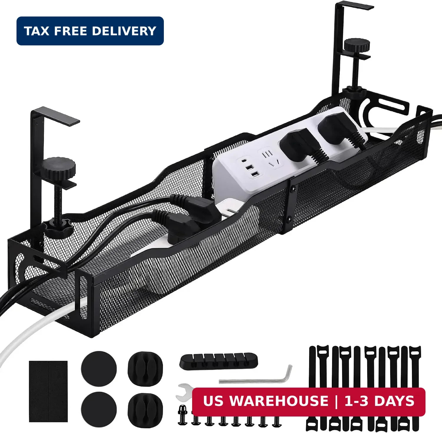 Under Desk Cable Management Tray 25.3 Inch, Clamp-On Cable Organizer Box for Sta