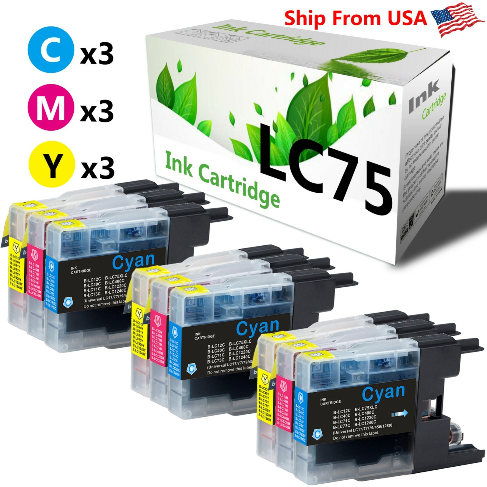 9-PacK LC75 LC75XL LC-75 Ink Cartridge for MFC-J425W MFC-J430W Inkjet Printer
