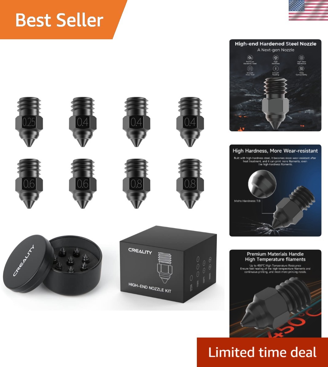 Official  Hardened Steel MK8 Nozzles 8PCS, High-Temperature Wear Resistant Co...