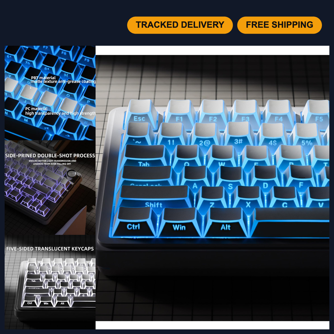 Custom PBT Keycap Set - White Shine Through, Cherry Profile, Side Printed for 60