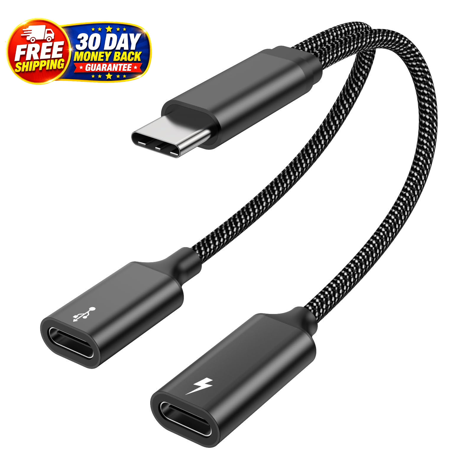 60W USB C Splitter Cable, 2-in-1 USB-C Male to Dual USB-C Female, Charge While U