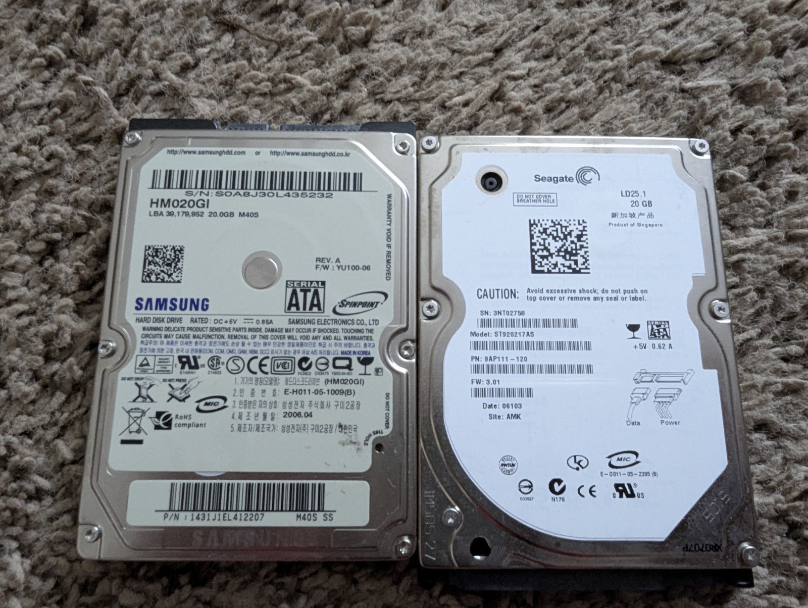 Samsung & Seagate 20GB 2.5 SATA HDD Hard Drives Lot of 2 Vintage Tech