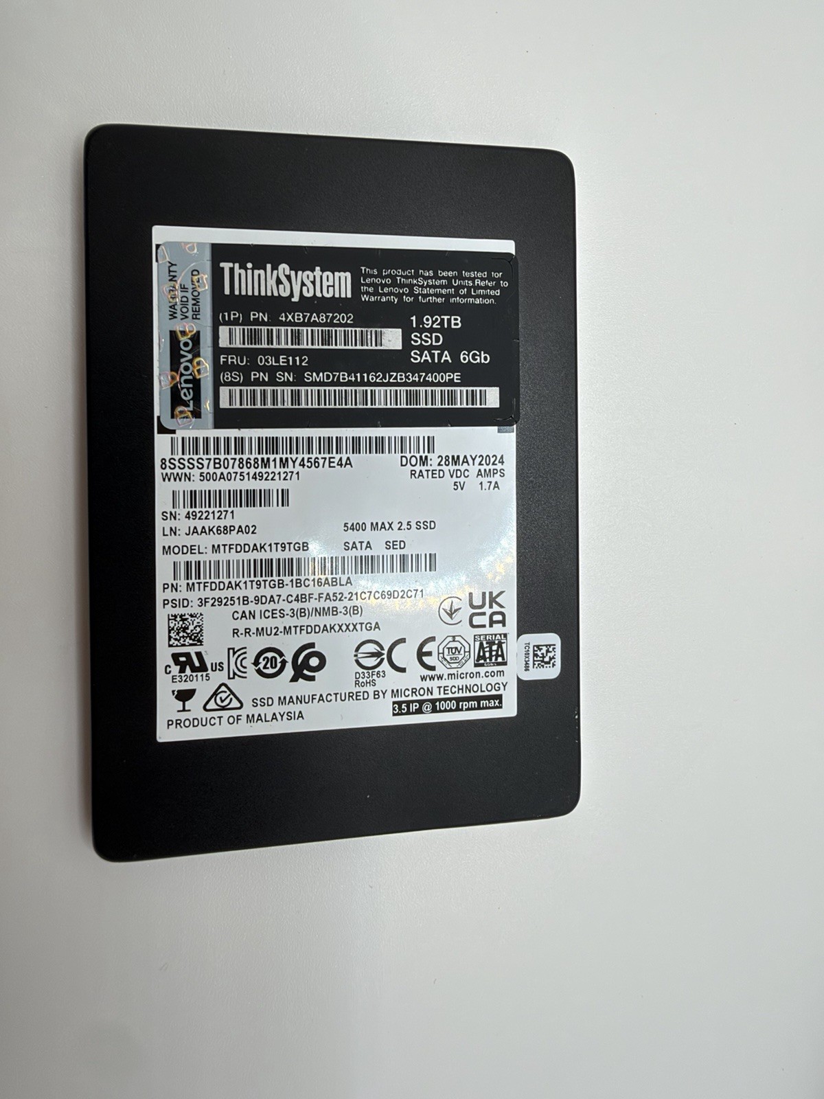 Micron 5400 MAX  SATA, 1.92 TB, 0% wear, about 108 TB written. 10k hours
