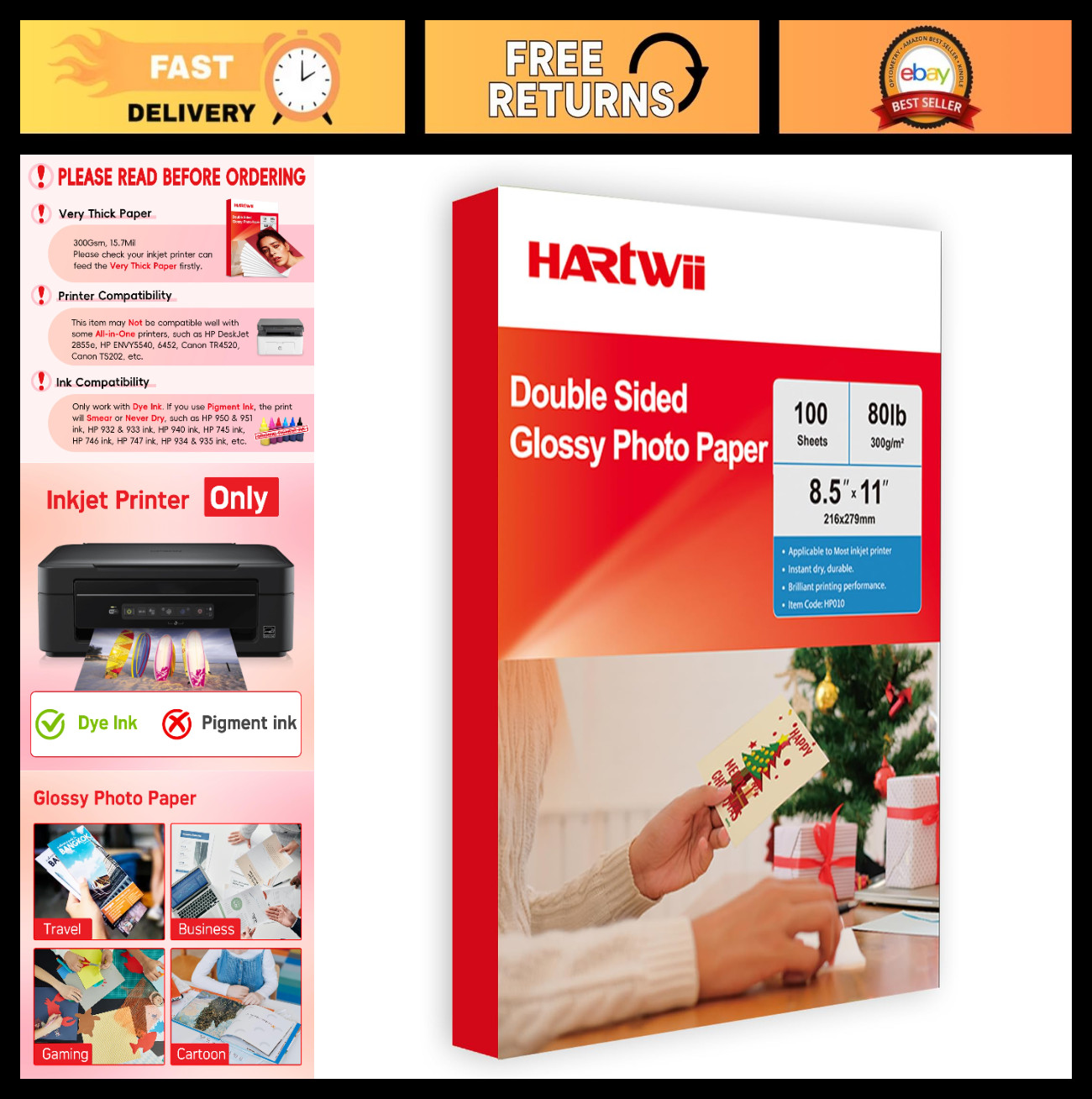 300gsm Double-Sided Glossy Photo Paper 80LB 100 Sheets 8.5x11" Heavyweight Cards