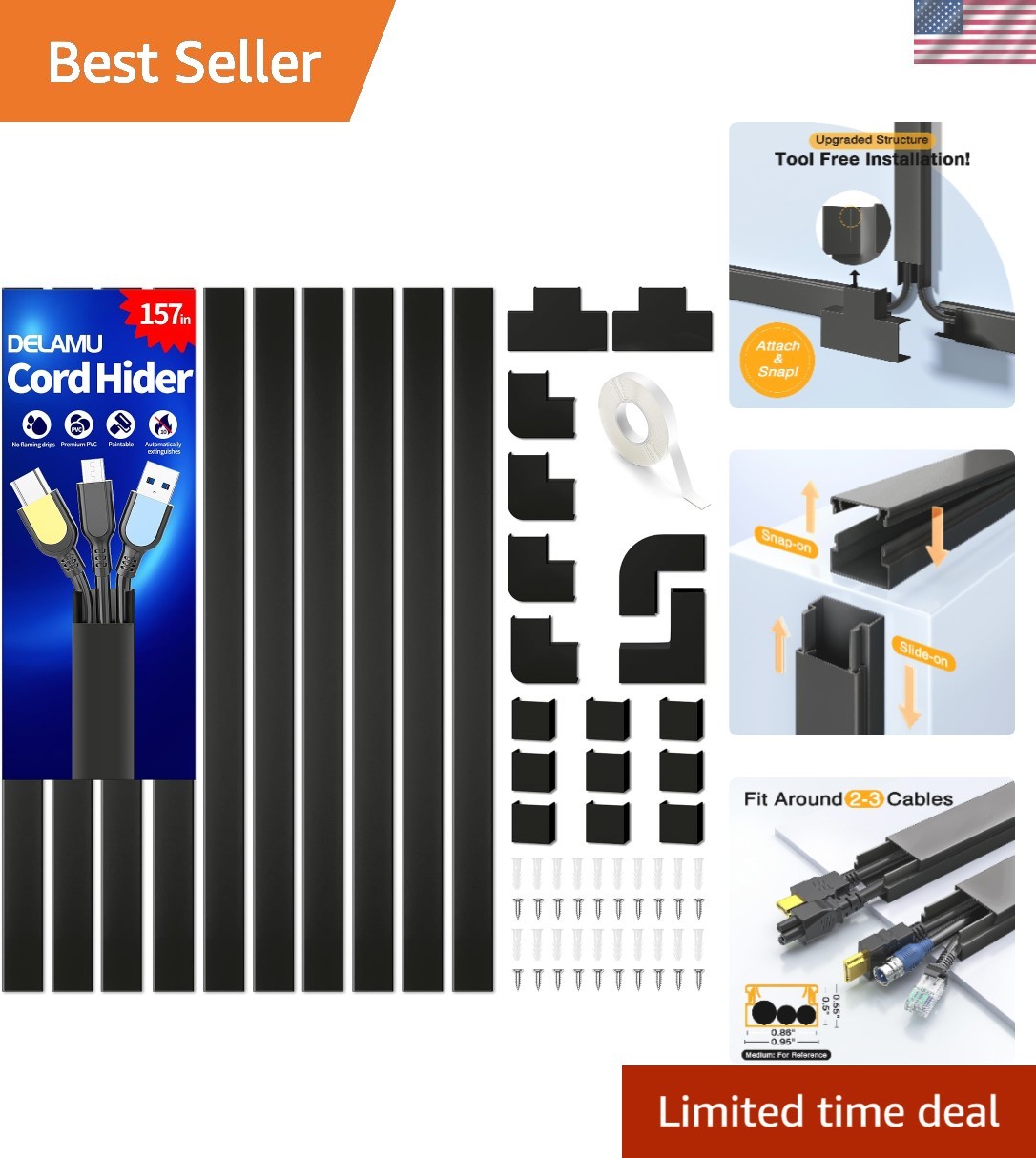 157in Black Cable Concealer - Durable Wire Management Solution for Home & Office