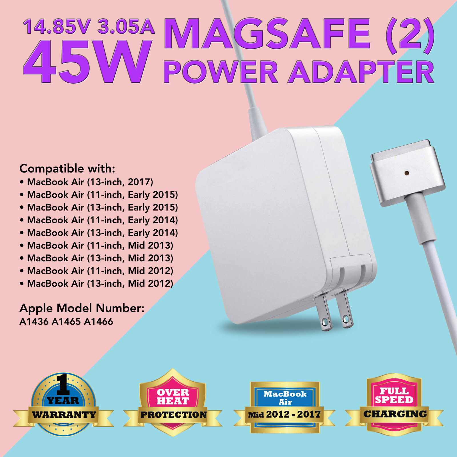 45W Power Adapter for Apple MagSafe 2 II Macbook Air A1435 A1465 A1436 A1466