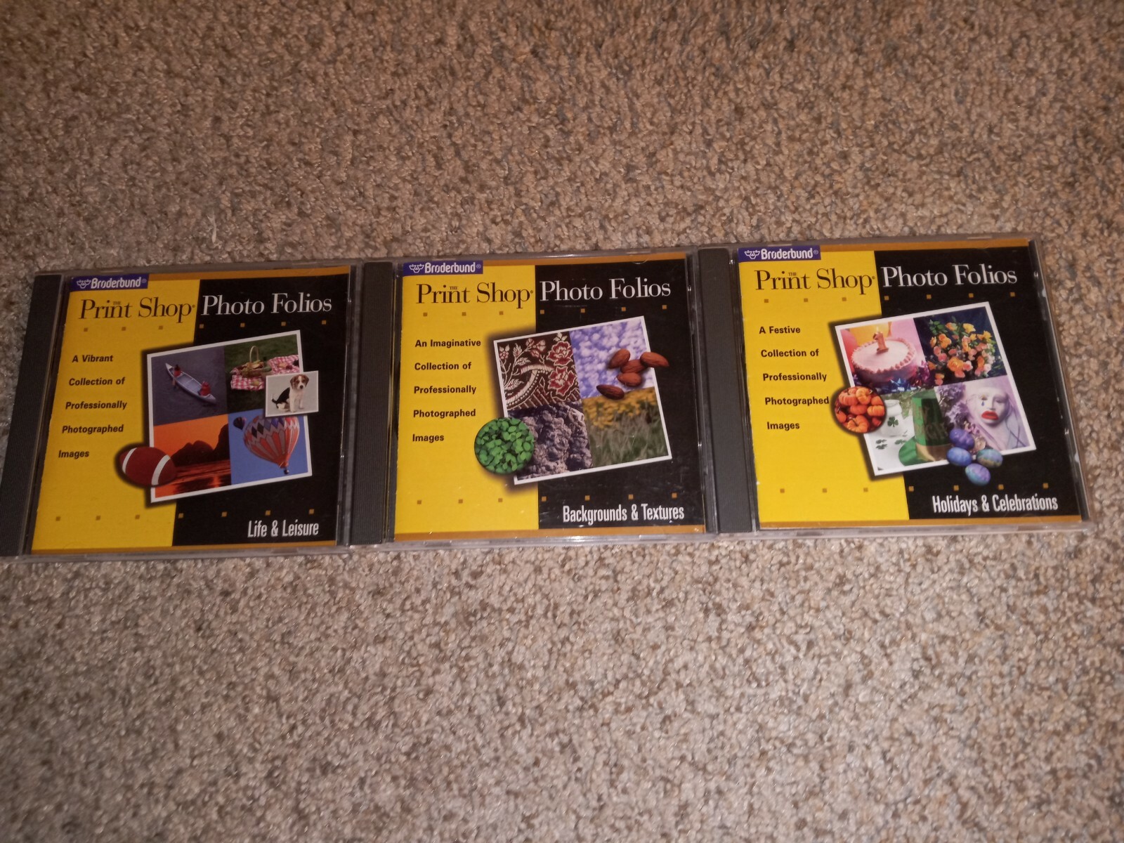 Broderbund PRINT SHOP PHOTO FOLIOS Lot of 3 HOLIDAYS,  Life, Backgrounds