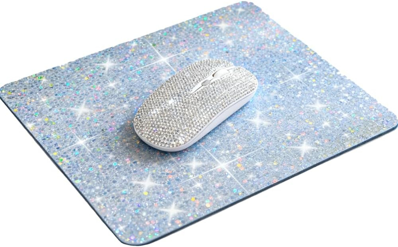 Silver Glitter Mouse Pad & Wireless Mouse Set, Bling Diamond Cordless Mouse with