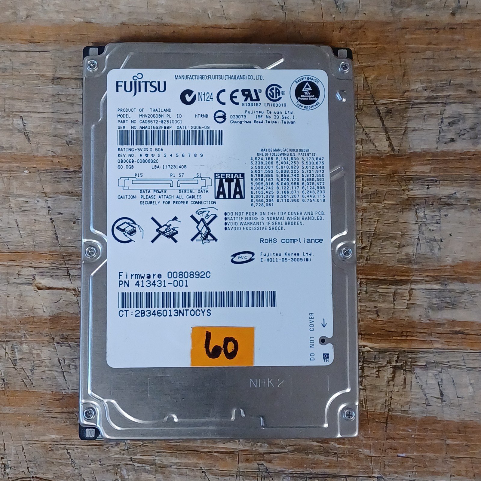 Fujitsu MHV2060BH 2.5" 60gb 5400rpm SATA I 150Gbps HDD