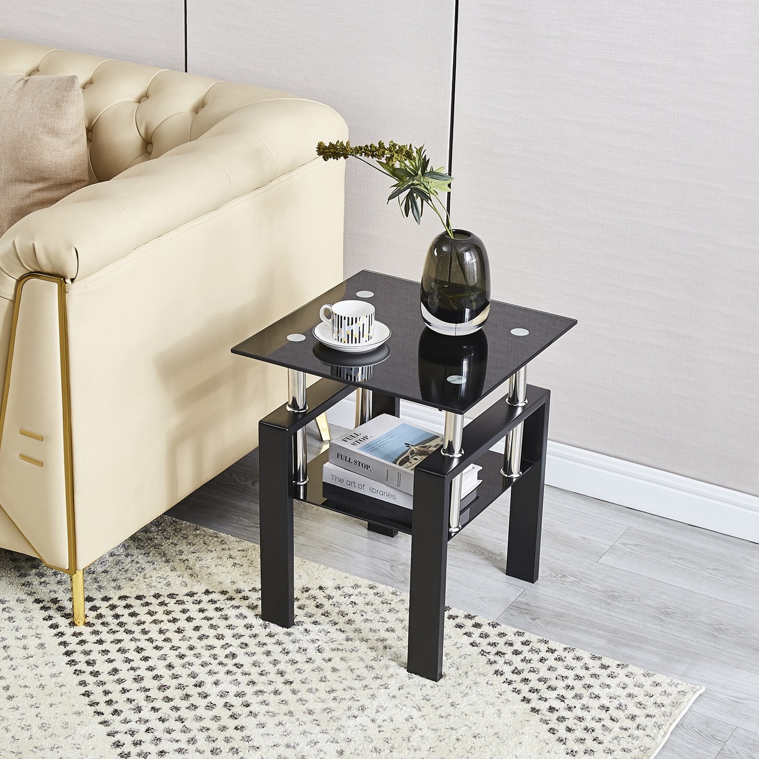 2Pcs Tempered Glass Sofa Table 2-Tier Black End Table for Office