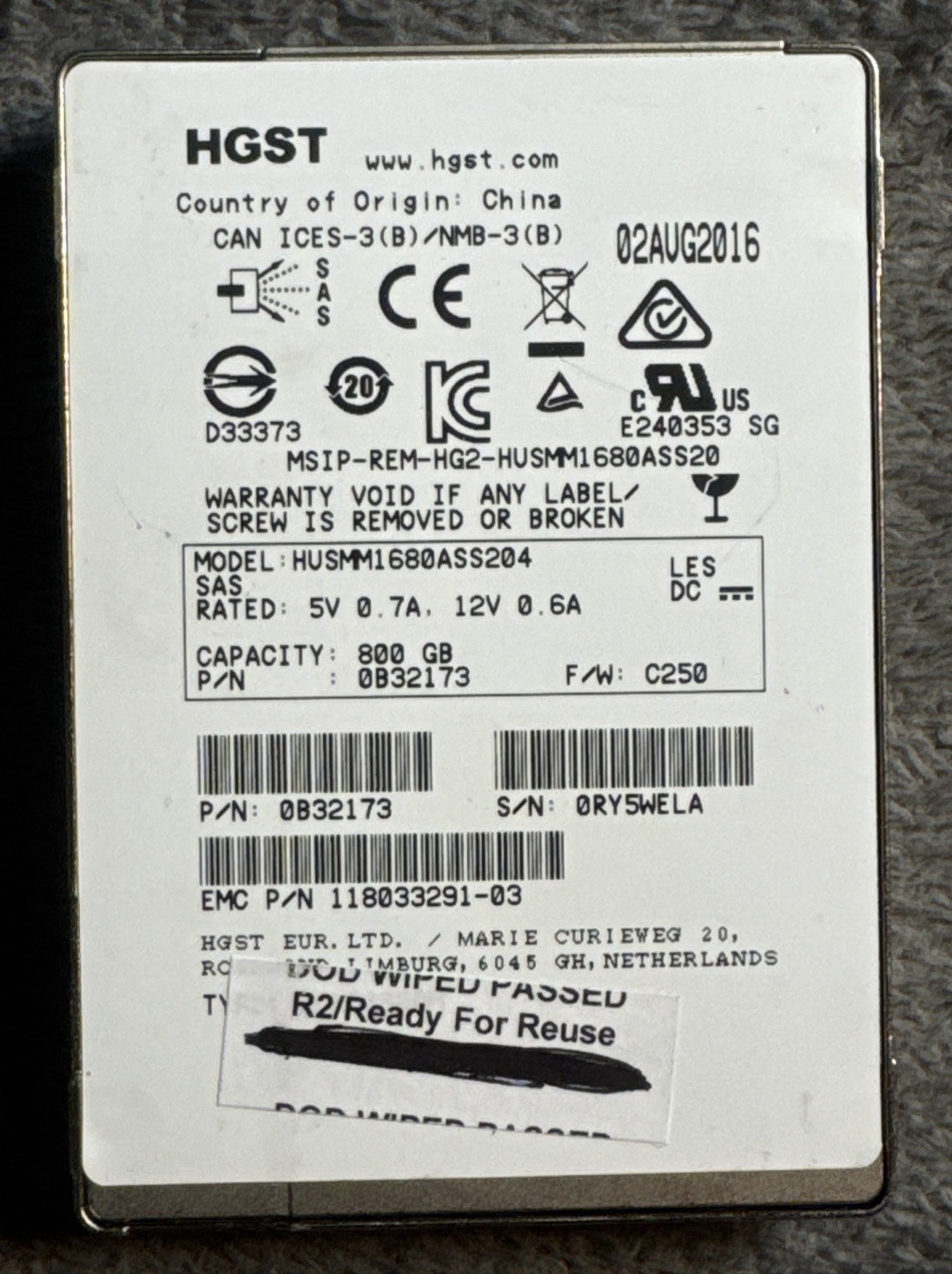HUSMM1680ASS204 HGST 800GB SAS 12Gb/s 2.5in SSD EMC 118033291-01