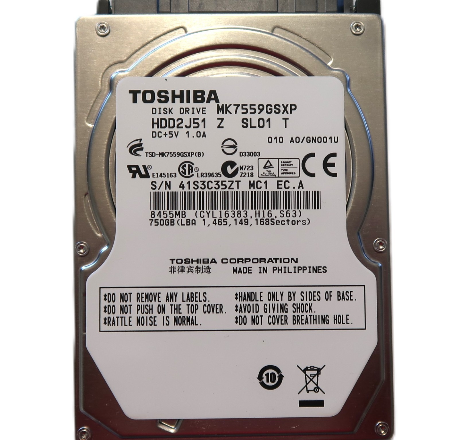 Toshiba MK7559GSXP HDD2J51 Z SL01 T 010 A0/GN001U Philippine 2.5" 750gb Sata HDD