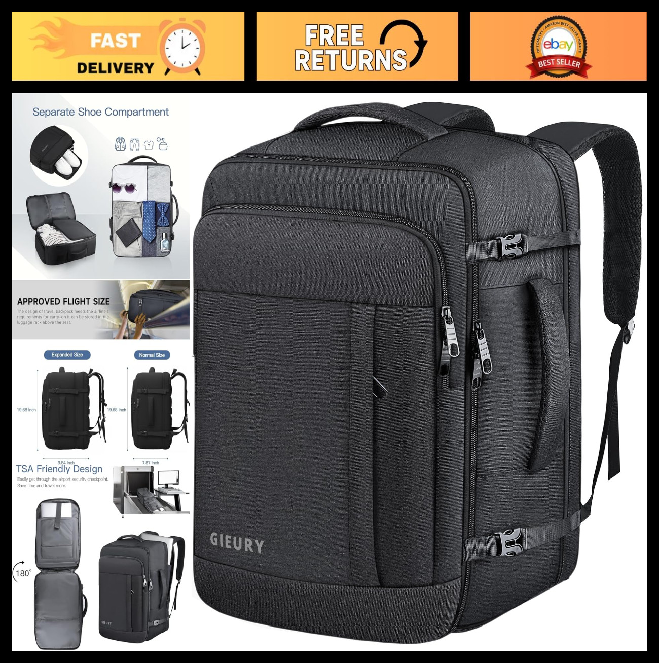 50L Travel Backpack - TSA Approved Carry-On, Expandable Laptop Bag for Men & Wom