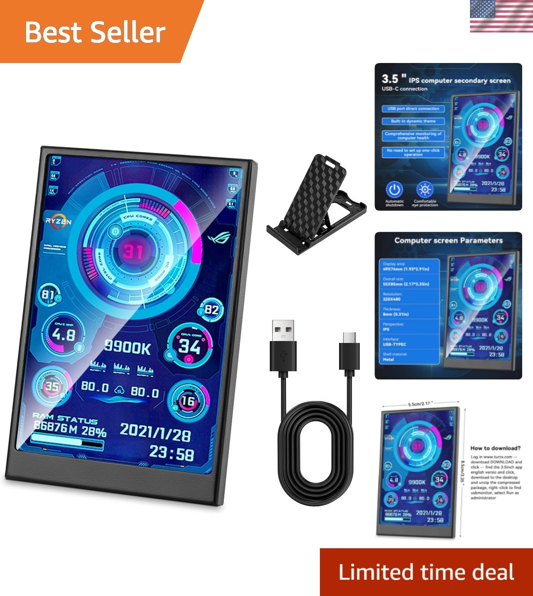 3.5 Inch IPS USB Mini Screen No Installation AIDA64 Pc Case