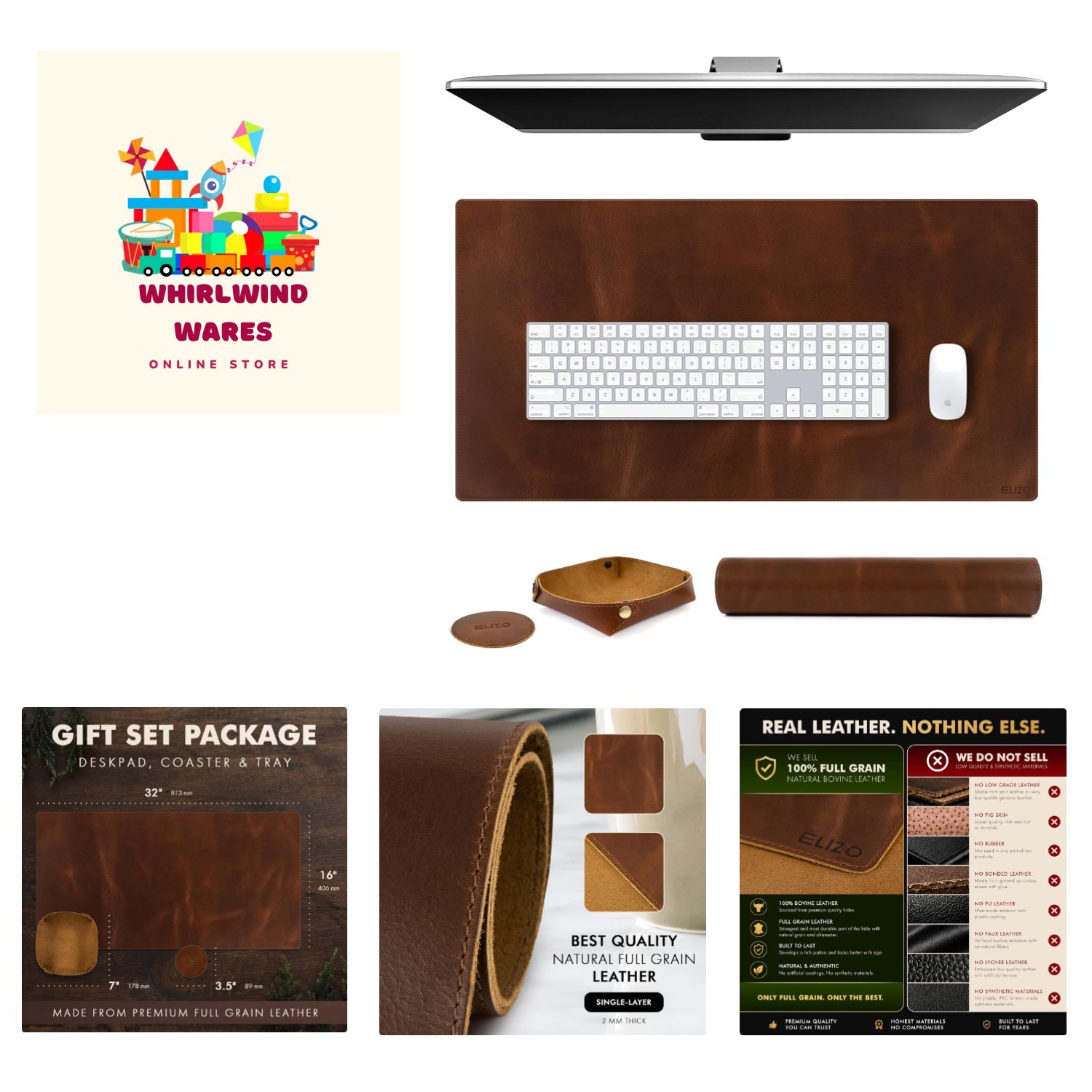 Luxury 32x16 Desk Protector in Full Grain Leather - Includes Coaster & Tray
