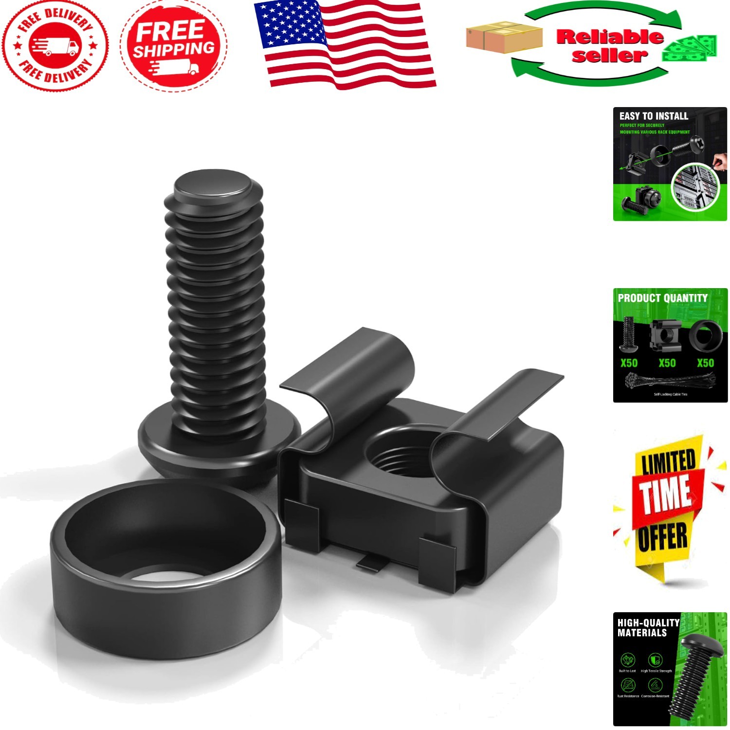 Durable 50 Pcs M6 x 16mm Rack Mount Screws & Washers for Secure Mounting