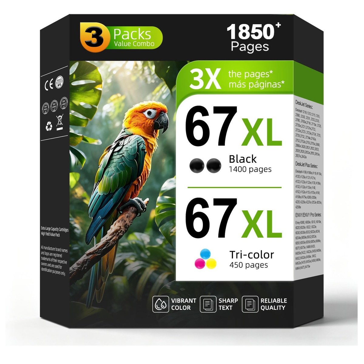 Seecolor 67XL Ink Cartridges 2x Black 1x Color 3-Pack for HP 67XL
