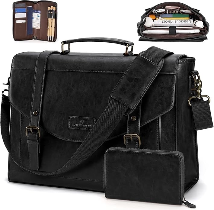 RAINSMORE Vintage Messenger Bag 15.6" Laptop Briefcase PU Leather Wallet Set